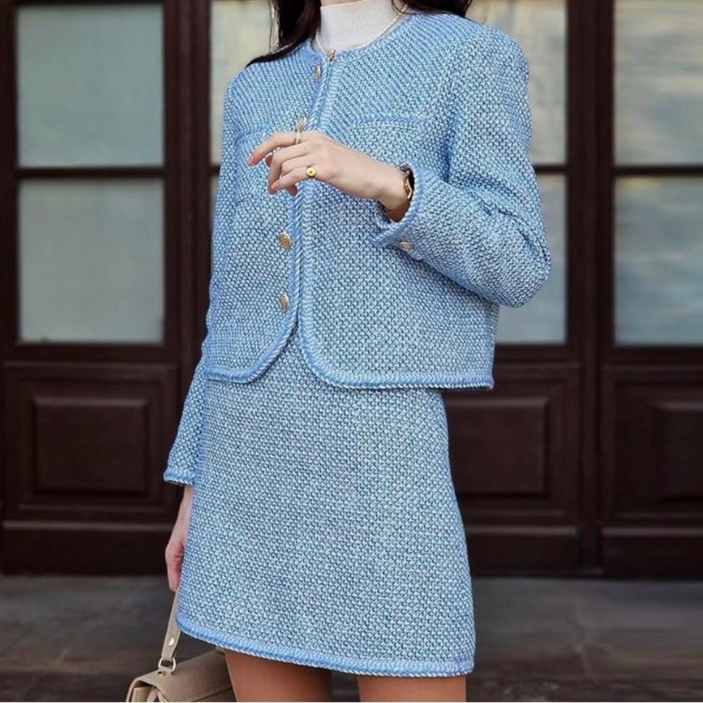 Tweed Blazer & skirt (set) , Knit Blazer Cropped Jacket & short skirt